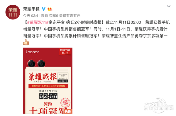 荣耀领跑双11，成就中国手机品牌销售额总冠军